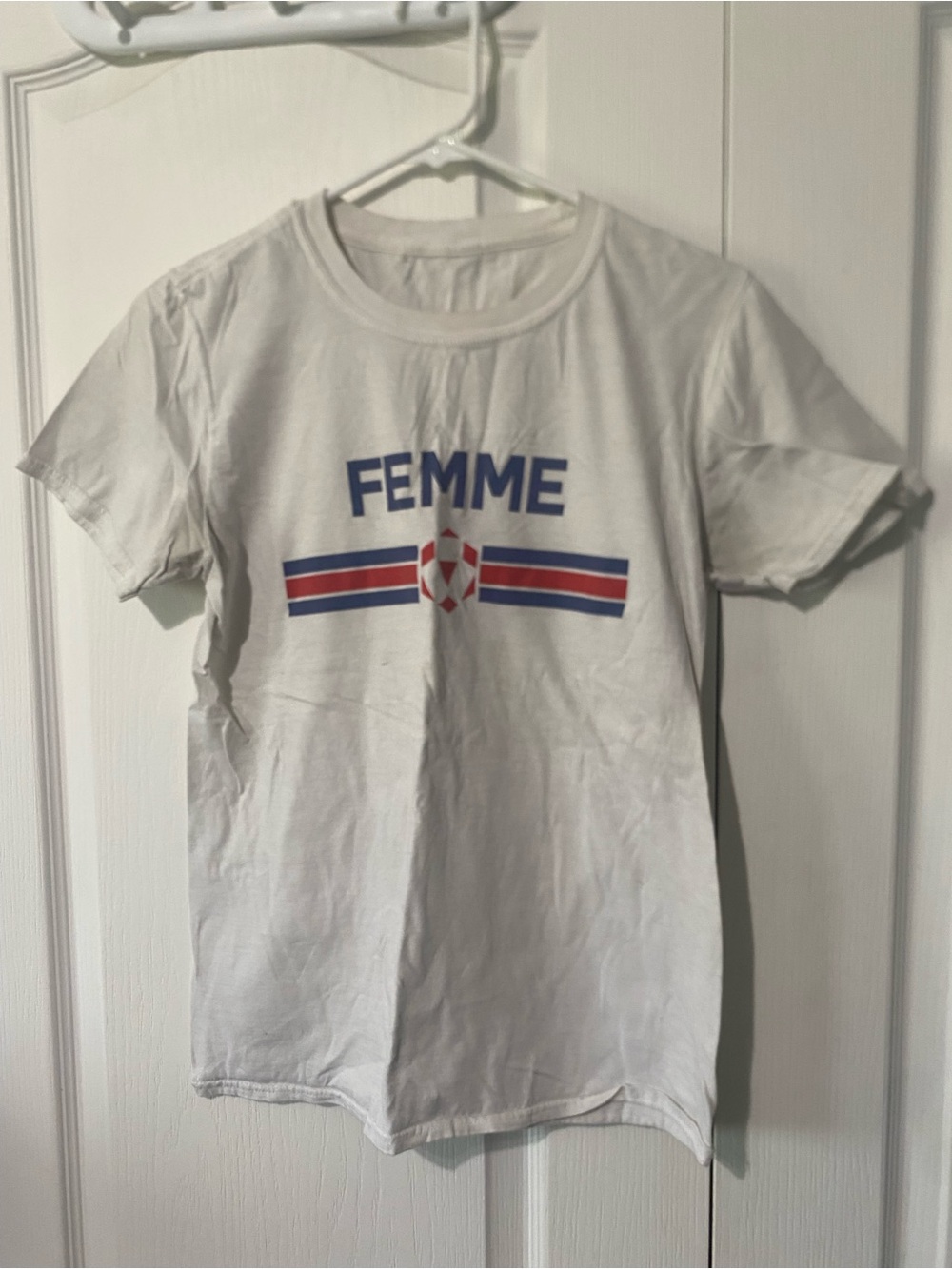 FEMME Graphic Tee in White with Blue & Red Stripes
